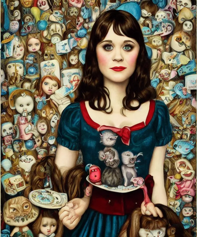 Prompt: portrait of Zooey Deschanel in wonderland, lowbrow painting by Mark Ryden