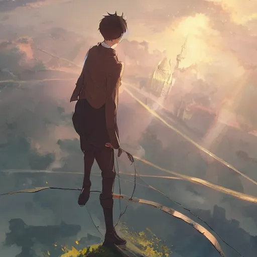 Image similar to a young man falling from the sky towards a magical city with a european style at night, illustration concept art anime key visual trending pixiv fanbox by wlop and greg rutkowski and makoto shinkai and studio ghibli