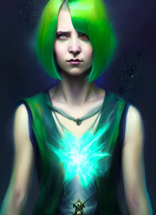 Image similar to Portrait of young female sorcerer, D&D fantasy, her hair is green and styled in a Bob Cut, magic particles flutter in the air, she has a distant expression, and is wearing a shirt and vest, intricate, highly detailed, digital painting, artstation, concept art, sharp focus, illustration, art by greg rutkowski and Ross Tran