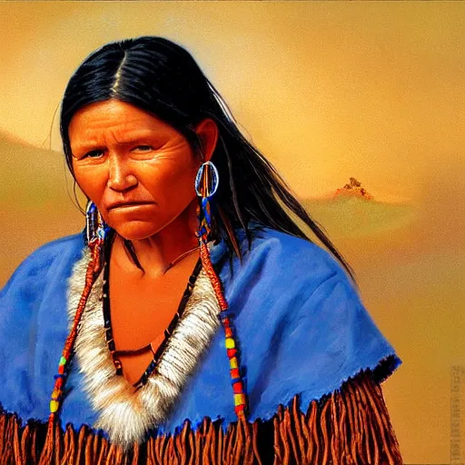 Image similar to portrait of a hopi woman ( 3 5 ) from the hopi reservation in northeastern arizona, an oil painting by ross tran and thomas kincade