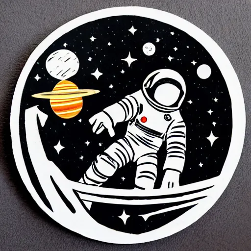 Prompt: wood cut of astronaut in space