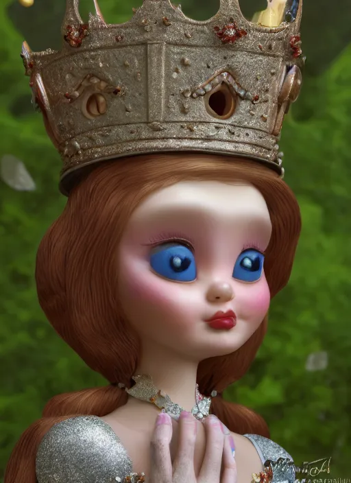 Image similar to closeup face profile portrait of a tin toy fairytale princess wearing a crown eating cakes in the castle, bikini, depth of field, zeiss lens, fashion photoshoot, by nicoletta ceccoli, mark ryden, lostfish, dan decarlo, bob clampett, max fleischer, breathtaking, detailed, hyperrealistic, octane render