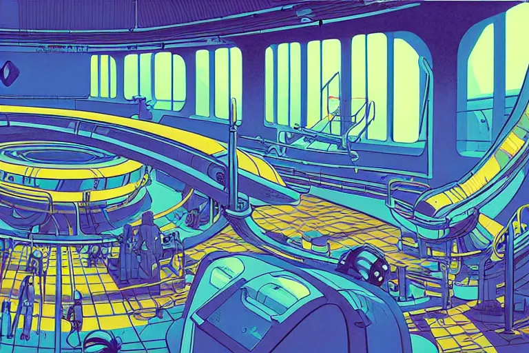 Image similar to a scifi illustration, factory interior. parallax birds eye view. fisheye. vats of fluid. flat colors, limited palette in FANTASTIC PLANET La planète sauvage animation by René Laloux