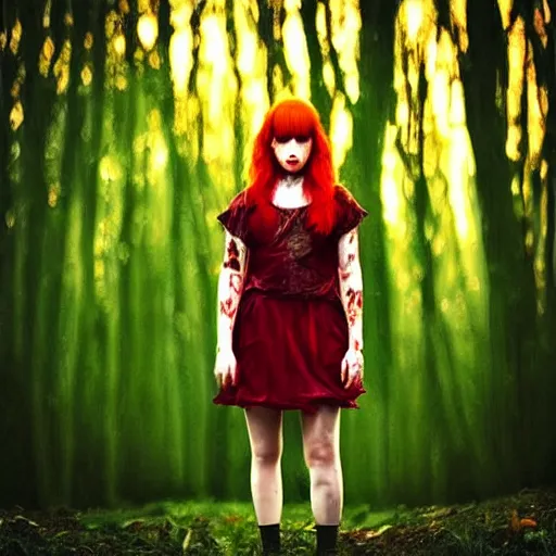 Image similar to “glitchcore album cover red head singer girl standing in a forest”