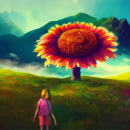 Image similar to giant daisy flower head, girl hiking in the mountains, surreal photography, sunrise, dramatic light, impressionist painting, colorful clouds, digital painting, artstation, simon stalenhag