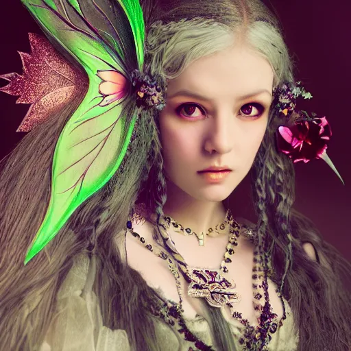 Image similar to Ethereal, mysterious stunning maximalist mesmerizing elven girl with elf ears from the rainbow sky paradise, high-tech, professional high fashion model photo shoot for Victorian gothic lolita fashion, hyperdetailed by Mark Ryden and artgerm and Hiroyuki-Mitsume Takahashi, close-up 35mm macro shot, hyperrealism, 8k resolution 3D, cinematic, dynamic lighting, octane render, unreal engine 5