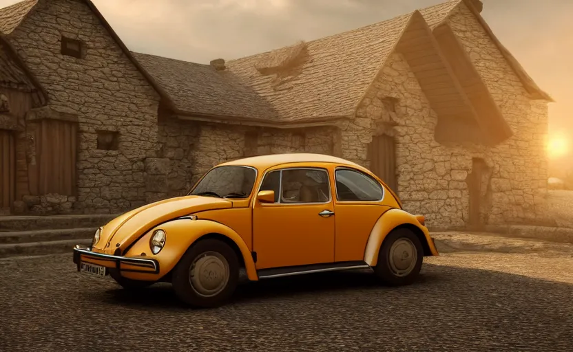 Image similar to a vw beetle parked near a small medieval stone house at sunrise, concept art, octane render, unreal engine 5, trending on artstation, high quality, 8 k, soft lighting, path traced, hyperrealistic, highly detailed, digital art, symmetrical, cinematic, high coherence, godrays