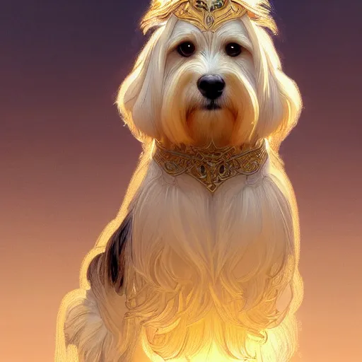 Image similar to beautiful detailed picture of a havanese dog, radiant light, art nouveau, intricate, elegant, highly detailed, my rendition, digital painting, artstation, concept art, smooth, sharp focus, illustration, art by artgerm and greg rutkowski and alphonse mucha