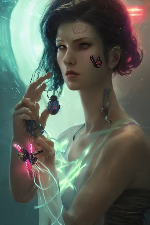 Prompt: A cyberpunk female heroine character portrait with a butterfly facial rash, prosthetic arm, and flowing ribbons of light pouring into her, cinematic lighting, hyper-detailed, cgsociety, 8k, high resolution, in the style of Charlie Bowater, Tom Bagshaw, Alexis Franklin, Elena Masci, Pawel Rebisz