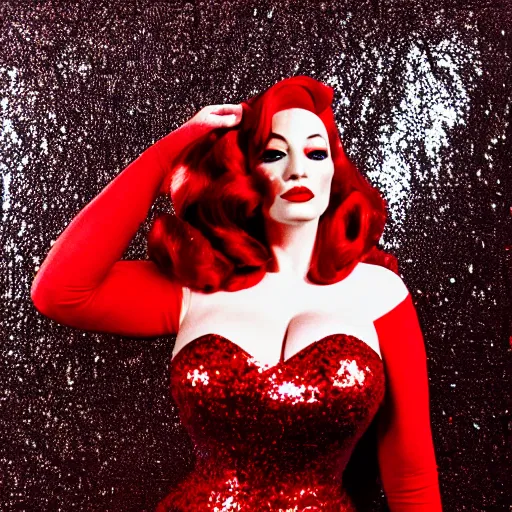 Prompt: film photography of captain christina hendricks as jessica rabbit, head and shoulders photography. red sequin ballgown dress. kodak ektar 4 0 0. canon f 1. 2.