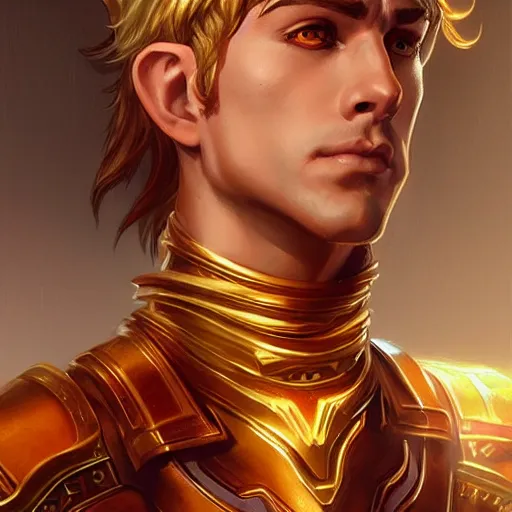 Prompt: male artificer, half-elf, D&D, fantasy, portrait, highly detailed, digital painting, artstation, concept art, sharp focus, illustration, art by artgerm and greg rutkowski and magali villeneuve, red white and gold color scheme