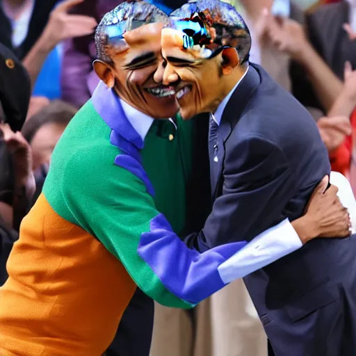 Prompt: president obama solemnly hugging a man dressed in a scooby doo costume