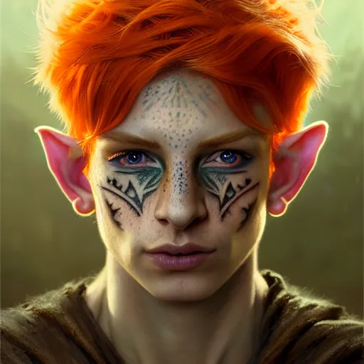 Image similar to portrait painting of an elven eladrin young man with short light orange hair and freckles and tribal tattoos on his cheekbones, ultra realistic, concept art, intricate details, eerie, highly detailed, photorealistic, octane render, 8 k, unreal engine. art by artgerm and greg rutkowski and charlie bowater and magali villeneuve and alphonse mucha