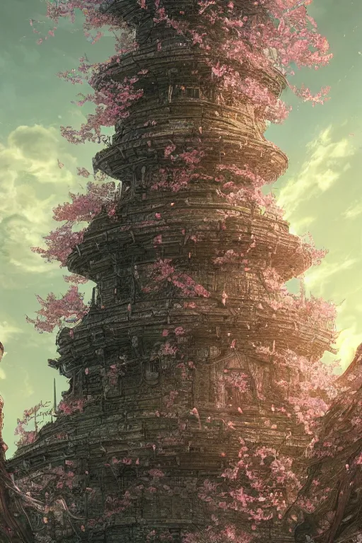 Image similar to hyperdetailed ancient wizard tower with sakura trees, cinematic highly detailed artstation hyperstylized illustrated by moebius and yoshitaka amano