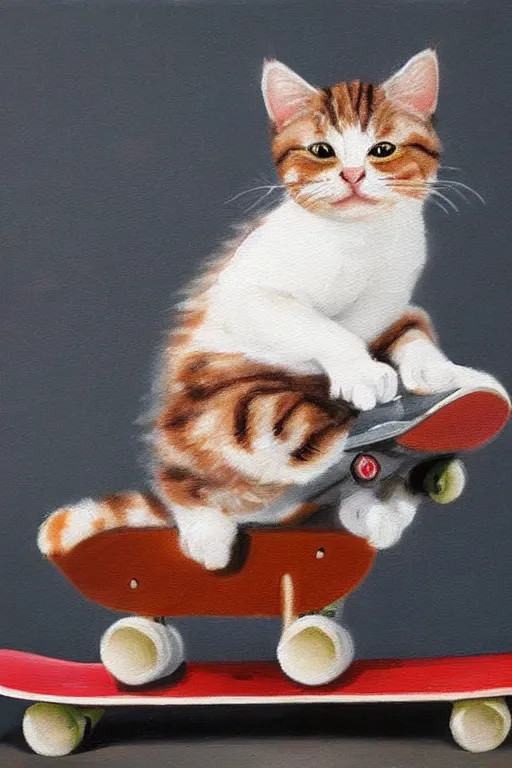 Prompt: oil painting of cute cat on a skateboard