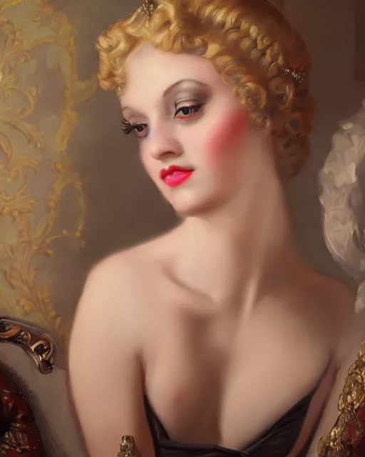 Image similar to close portrait rococo painting of a 1 9 2 0 s beautiful woman at a party in a mansion, strong contrast, unreal engine, hyper realism, realistic shading, cinematic composition, realistic render, octane render, detailed textures, photorealistic, ultrawide shot, 3 5 mm film