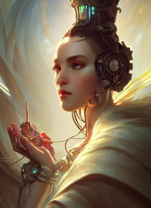 Image similar to beautiful gynoid, d & d, fantasy, intricate, elegant, highly detailed, digital painting, artstation, concept art, matte, sharp focus, illustration, hearthstone, art by artgerm and greg rutkowski and alphonse mucha