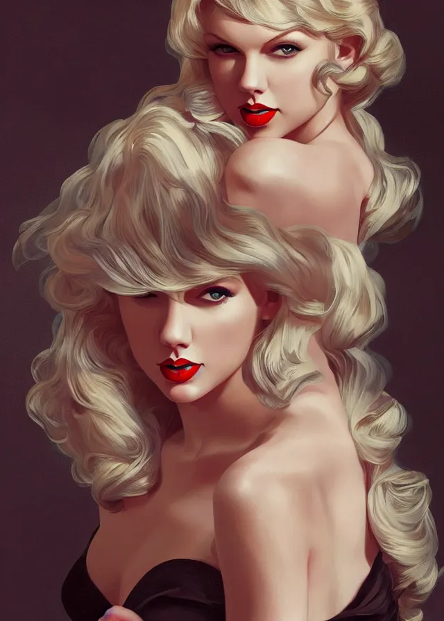 Image similar to ful length centerfold of taylor swift as a young marilyn monroe, elegant, flat lighting, intricate, highly detailed, digital painting, artstation, concept art, smooth, sharp focus, illustration, closeup, misa amane, art by simon bisley and greg rutkowski and alphonse mucha, novel cover