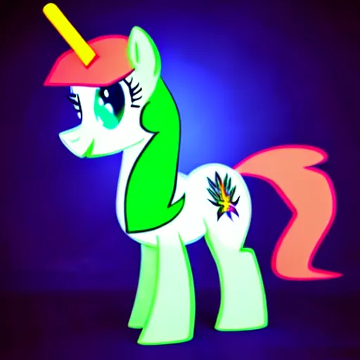 Image similar to white colored stoner pony from my little pony, marijuana themed, weed cutie mark, art, volumetric smoke, colorful, 3 d, render, wearing a black hoodie, soft lighting, green mane