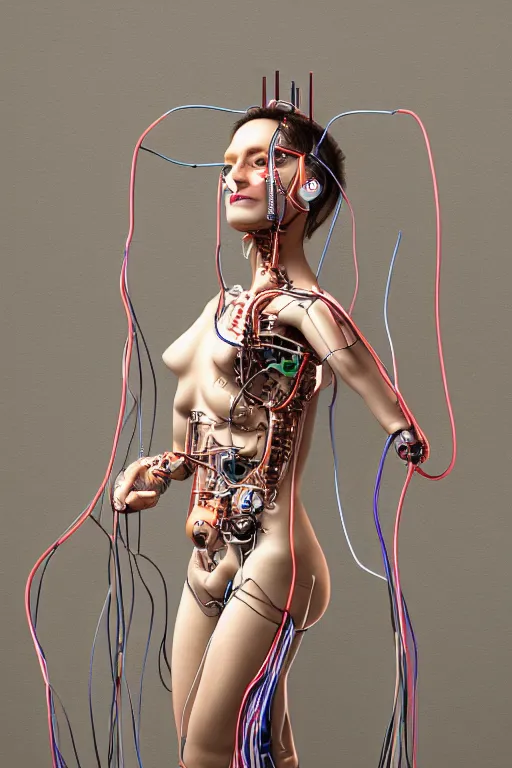 Prompt: Cyborg girl with wires and mechanisms sticking out of her body, full-length view, hyperrealism