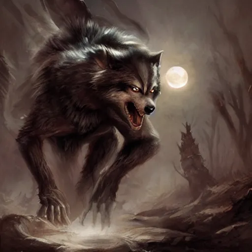 Image similar to Werewolf, epic scene, paint by Raymond Swanland