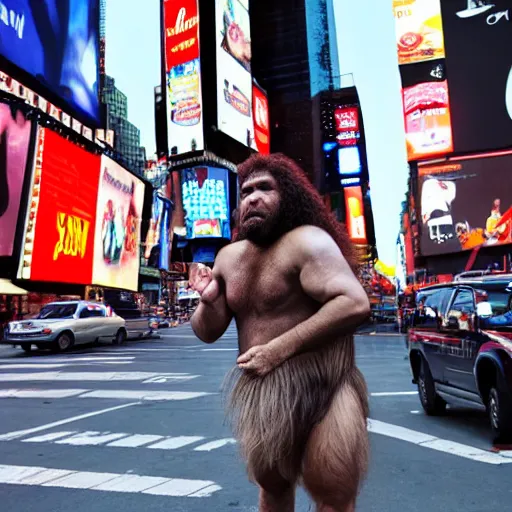 Image similar to a neanderthal caveman confused in times square