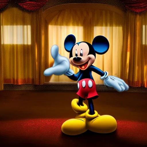 Image similar to mickey mouse in movie scene, 4 k, realistically, hdr, photorealistic