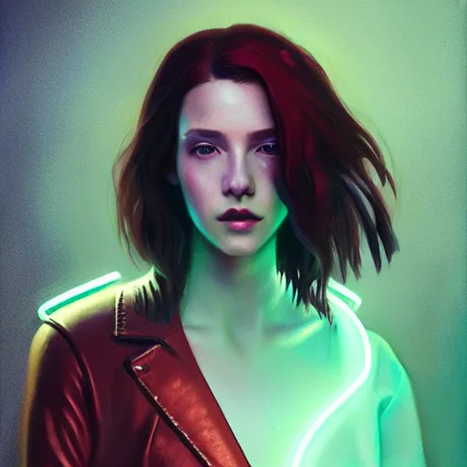 Image similar to pretty young woman with shoulder length shiny shimmering dark red hair and wearing futuristic studded leather jacket with the glow of neon lights illuminating her, path traced, highly detailed, high quality, digital painting, by cd projekt red, cyberpunk, leesha hannigan, makoto shinkai - h 7 0 4