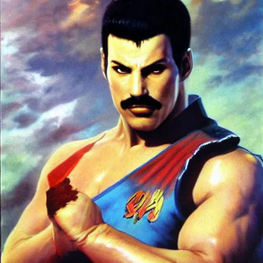 Image similar to ultra realistic freddy mercury as ryu from street fighter, painting by frank frazetta, 4 k, ultra realistic, highly detailed,