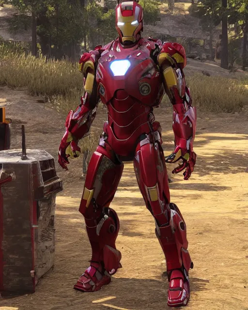 Image similar to iron man styled mech suit in red dead redemption 2, cinematic, photorealistic