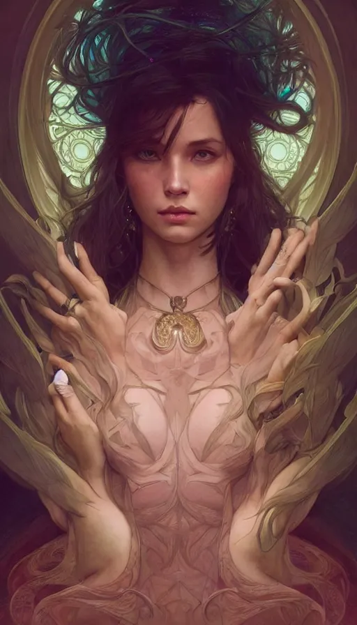 Prompt: shapeshifter, perfectly-centered-Portrait of the most beautiful woman on the planet, dream, insane, intricate, highly detailed, digital painting, artstation, concept art, smooth, sharp focus, illustration, Unreal Engine 5, 8K, art by artgerm and greg rutkowski and alphonse mucha