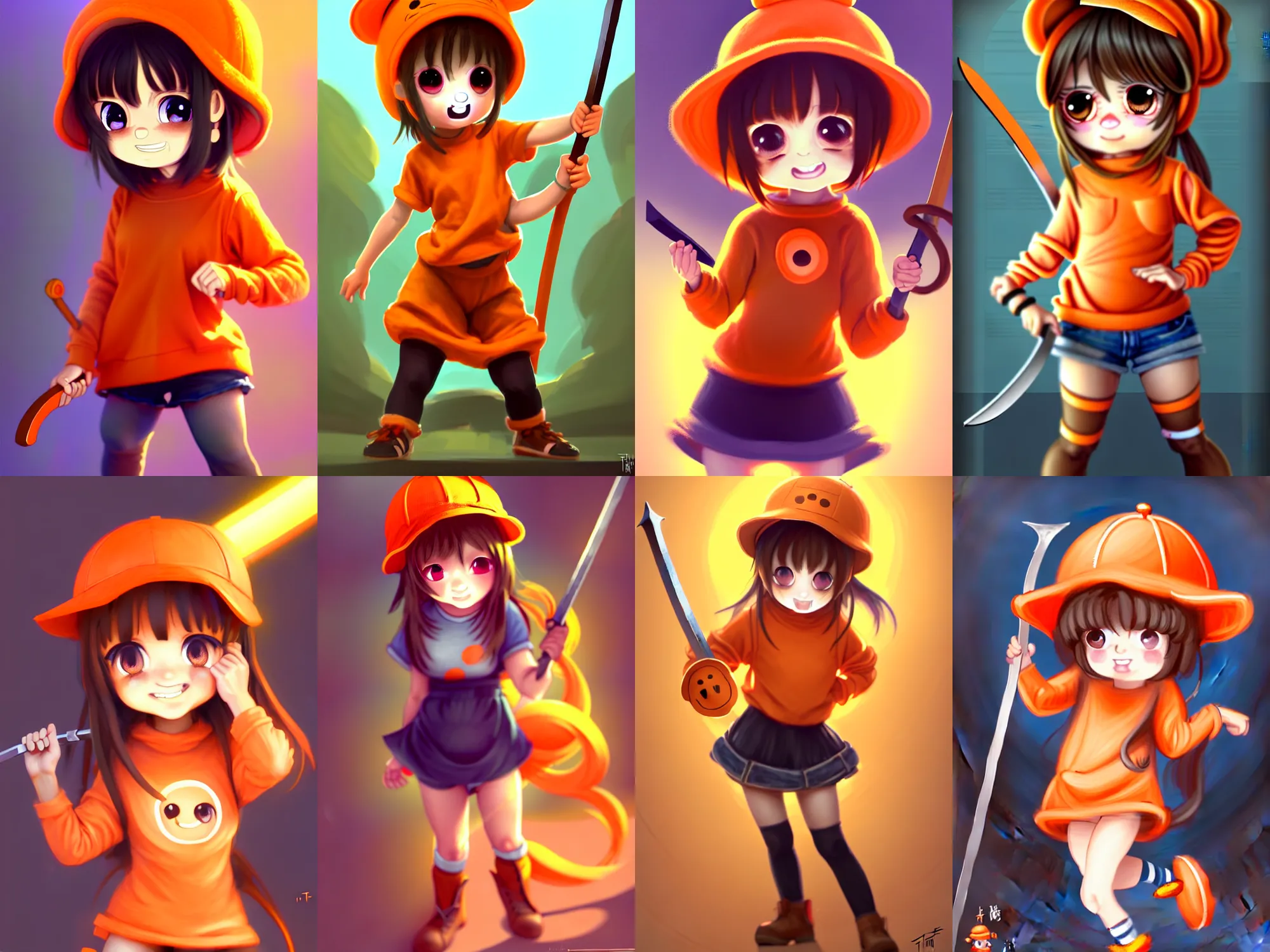 Prompt: Small curvy loli, cute face big eyes and smiley, wearing orange cabbie hat and long orange sweatshirt, short brown hair ,side hair, swinging a big sword, on a small cartoony pony in a fighting stance, digital painting, artstation, concept art, soft light, hdri, smooth, sharp focus, illustration, art by tian zi and craig mullins and WLOP and alphonse mucha, visual novel sprite