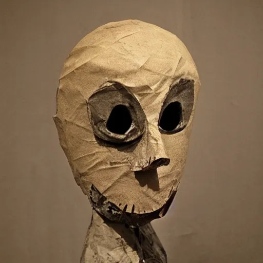 Image similar to paper mache mask, 1 8 0 0's, halloween paper mache mask, photo, surrealistic, creepy, dark, epic, cinematic, style of atget, detailed