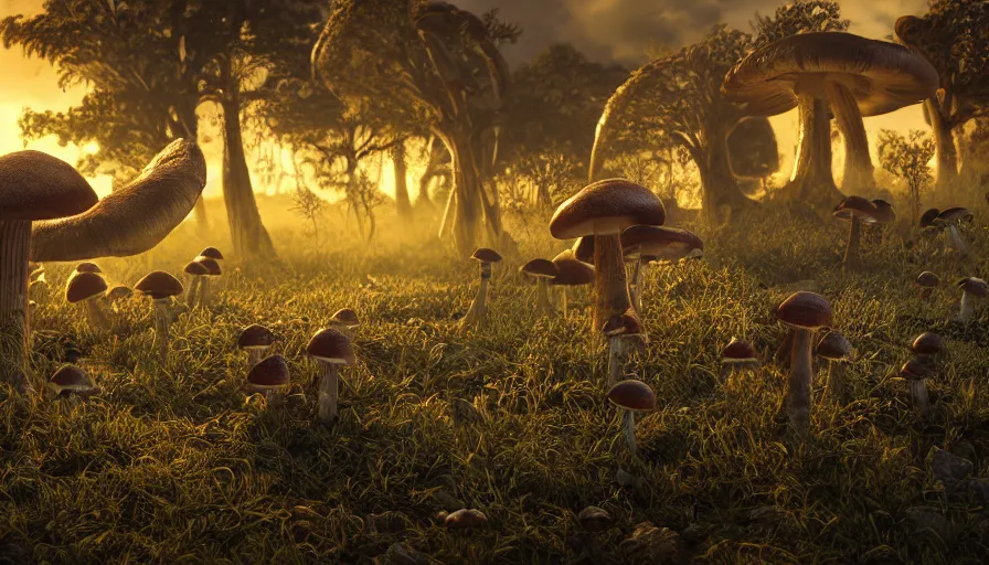 Image similar to hyper realistic highly detailed nature photography of mushroom infested skeleton zombies, prehistoric planet, volumetric lighting, octane render, 4 k resolution, golden hour