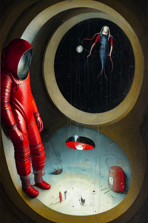 Image similar to hieronymus bosch, greg rutkowski, anna podedworna, painting of a red spacesuit with a large backpack and a large mirrored visor, crawling out of a vent in a space ship