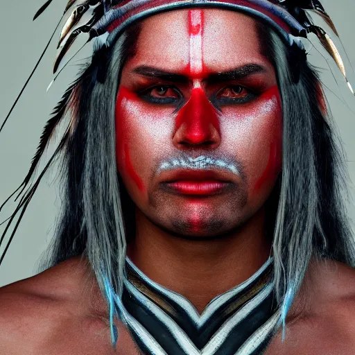 Prompt: a the face of a comanche warrior in full warpaint looking softly forward, outdoor lighting, 8k, masterpiece, trending on artstation