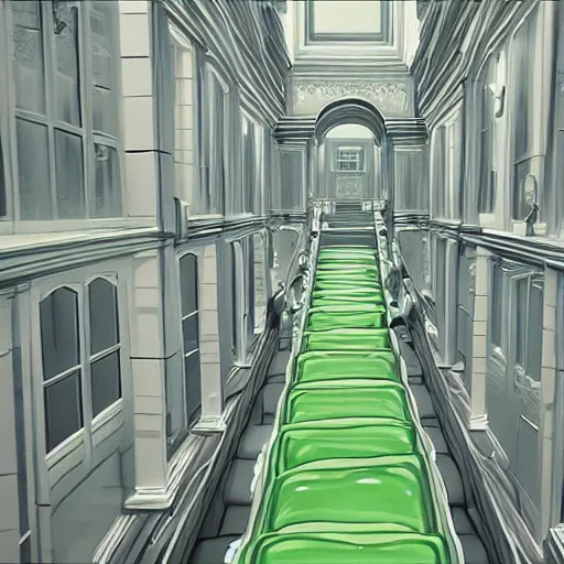 Image similar to a flood of slime in a bright white hallway with many doors and many stairs, Mc Escher architecture, epic composition, by Makoto Shinkai