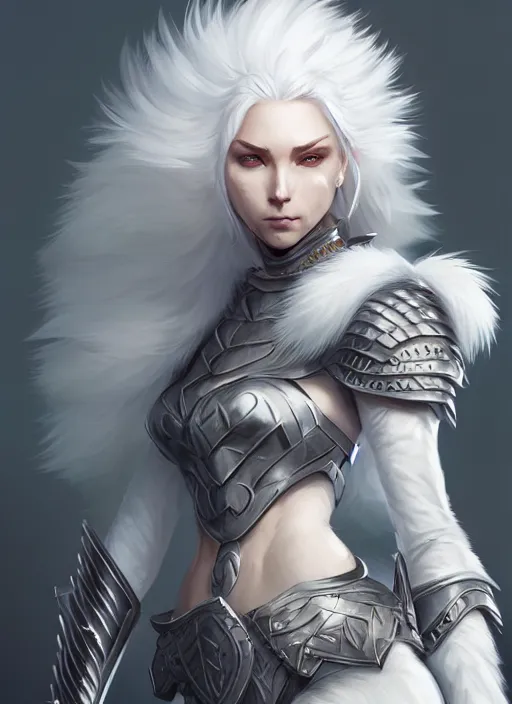 Image similar to fur - lined armor!!! beautiful and elegant white haired female!! gorgeous ayes!! character concept art, sharp focus, octane render! unreal engine 5! highly rendered!! trending on artstation!! detailed linework!! illustration by bussiere rutkowski andreas rocha