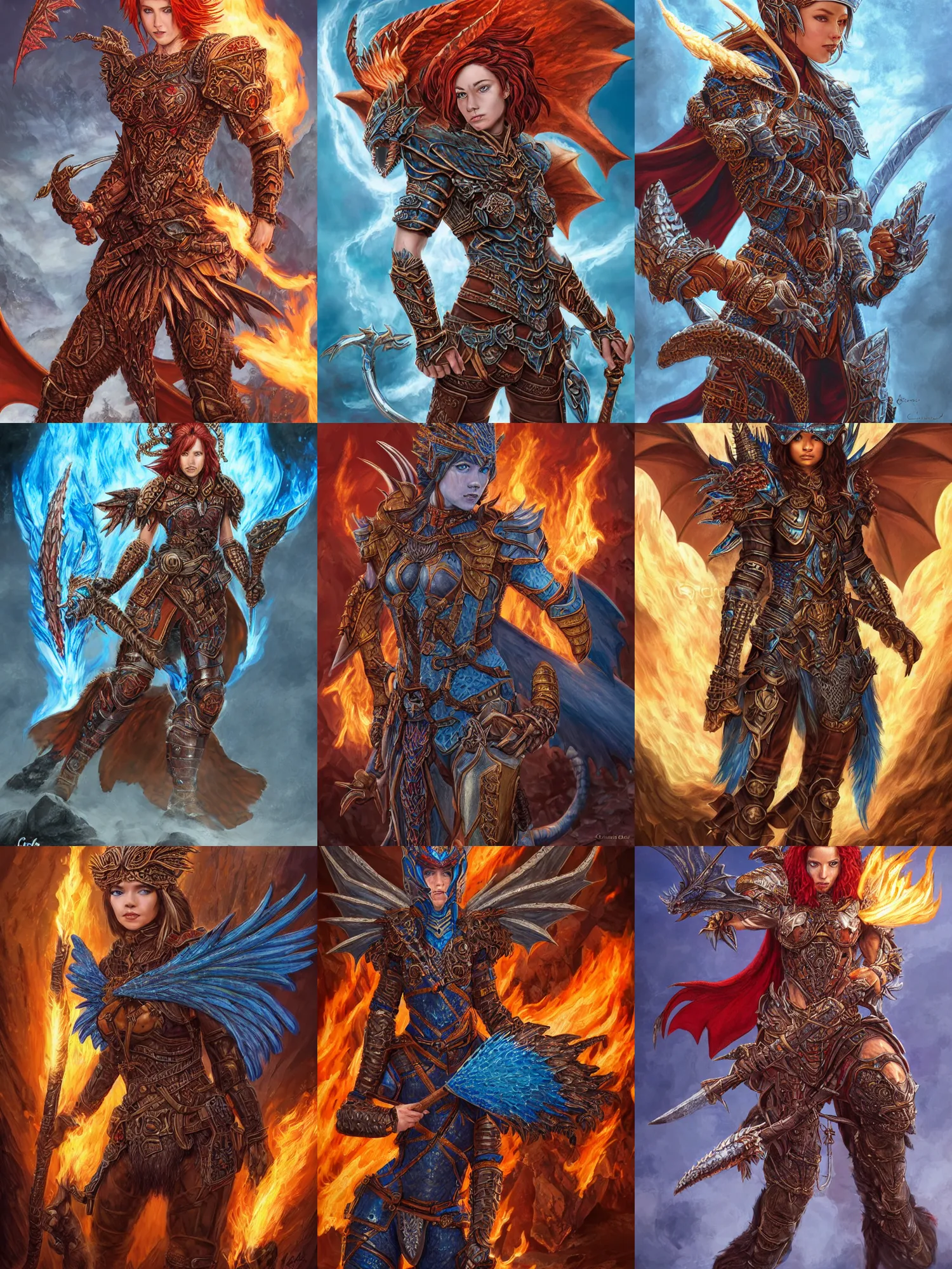 Prompt: full body portrait of a dnd dragon hunter in the intricate thunderous mountains, female, strong, symmetric wings, dragon inspired blue armor, red hair, helmet, pretty, fire, brown skin, high fantasy, detailed face, highly detailed, sharp focus, smooth, digital illustration, by clyde caldwell