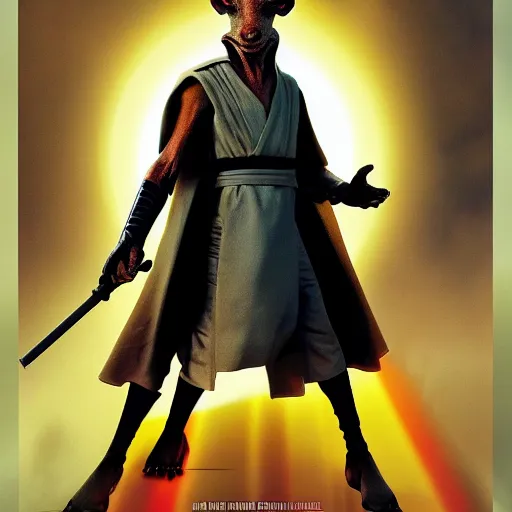 Prompt: jar jar binks as a sith lord, movie poster, cinematic, vertical symmetry, golden ratio - H 768