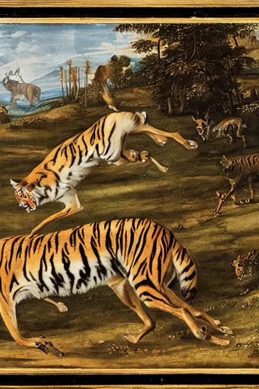 Image similar to the giant tiger hunting a deer, fantasy, renaissance