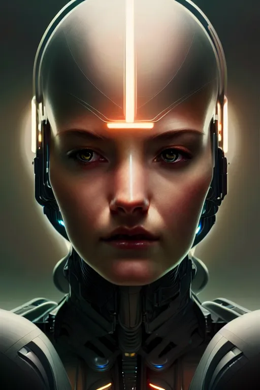 Image similar to portrait of ultra realistic, beautiful cyborg woman, metahuman, sci-fi, fantasy, manga, intricate, elegant, highly detailed, digital painting, octane render, artstation, concept art, smooth, sharp focus, eerie, illustration, art by artgerm and and greg rutkowski and alphonse mucha