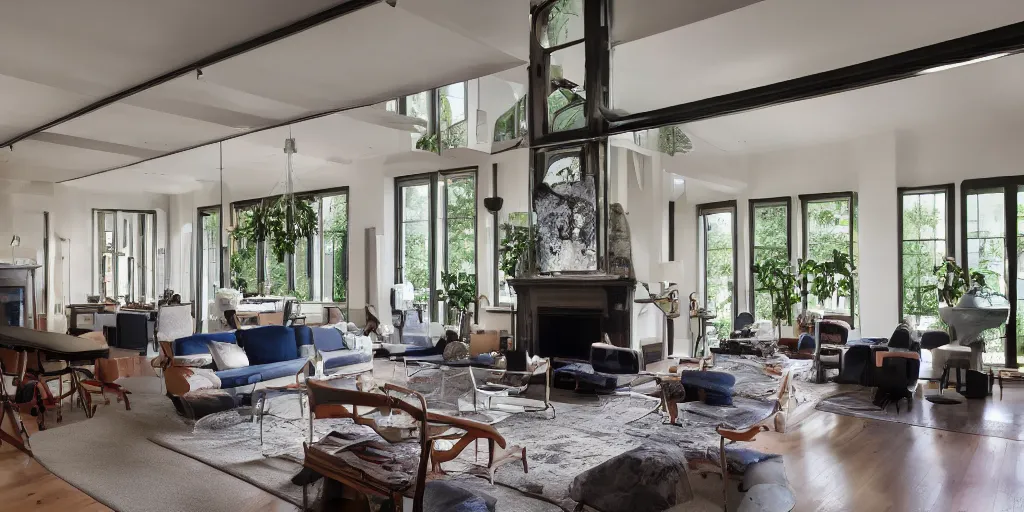 Image similar to photo still of interior, architecturaldigest living room, big open floor 8 k, 8 5 mm f 1. 8