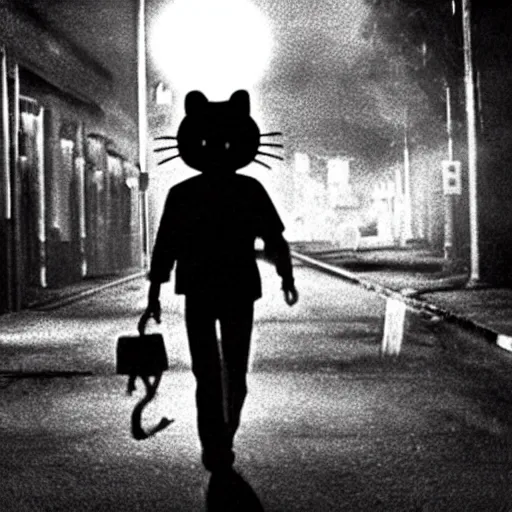 Prompt: film still of a bloodied psycho killer with a hello kitty mask walking on an empty street beneath a lamp, grainy, horror movie, creepy, eerie, dark, great cinematography, amazing lighting, directed by scott derrickson