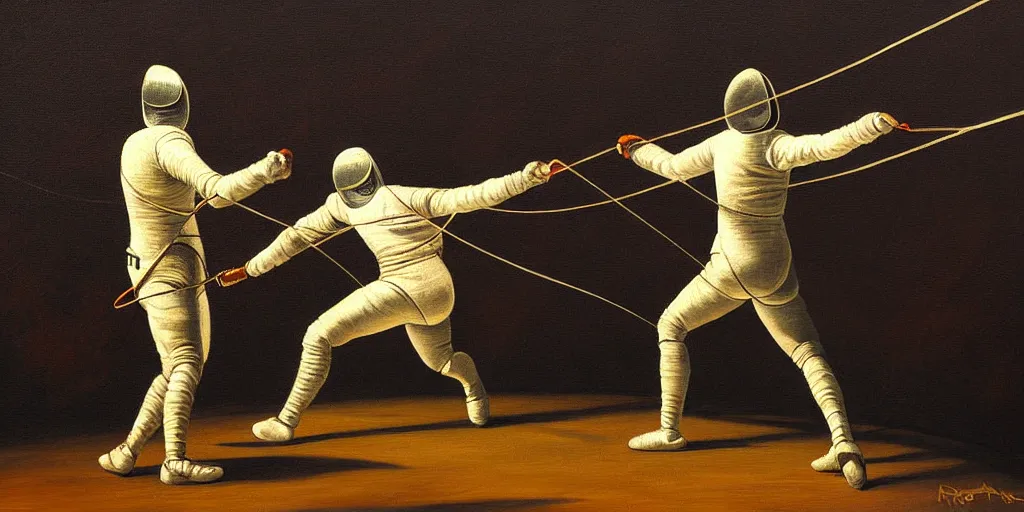 Image similar to fencing dualist masterpiece stage lighting painting by pablo amaringo high contrast rule of thirds 8 k realistic paint texture