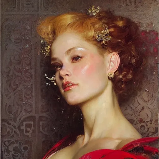 Prompt: portrait of a beautiful woman, intricate, elegant, highly detailed, by ruan jia, gil elvgren, greg manchess, mucha