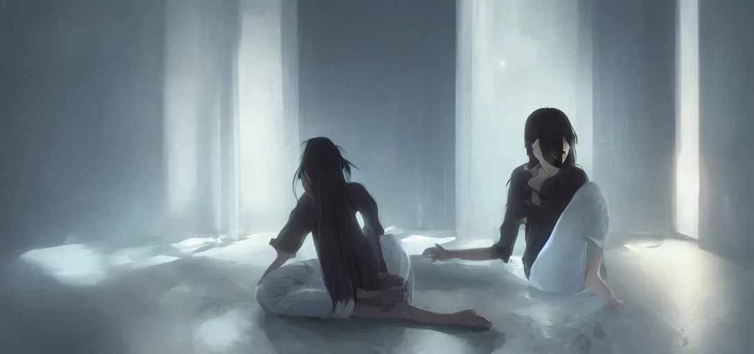 Image similar to Young Himalayan woman sitting concerned in an empty room with loneliness using psychic powers to make a lighter float| night time scene, plain walls |somber white eyes, long messy hair | gentle lighting, futuristic, dim lighting, digital art by Makoto Shinkai ilya kuvshinov and Wojtek Fus, digital art, concept art,