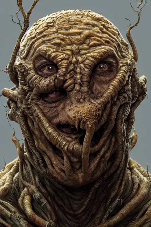 Image similar to beautiful portrait of the thing of the swamp smiling, intricate, dystopian, biopunk, extremely detailed, digital painting, sculpted in zbrush, artstation, concept art, smooth, sharp focus, illustration, chiaroscuro, soft lighting, golden ratio, rule of thirds, fibonacci, incredible art by Stanley Artgerm Lau and Greg Rutkowski, composition by mike mignola and Simon Stalenhag,