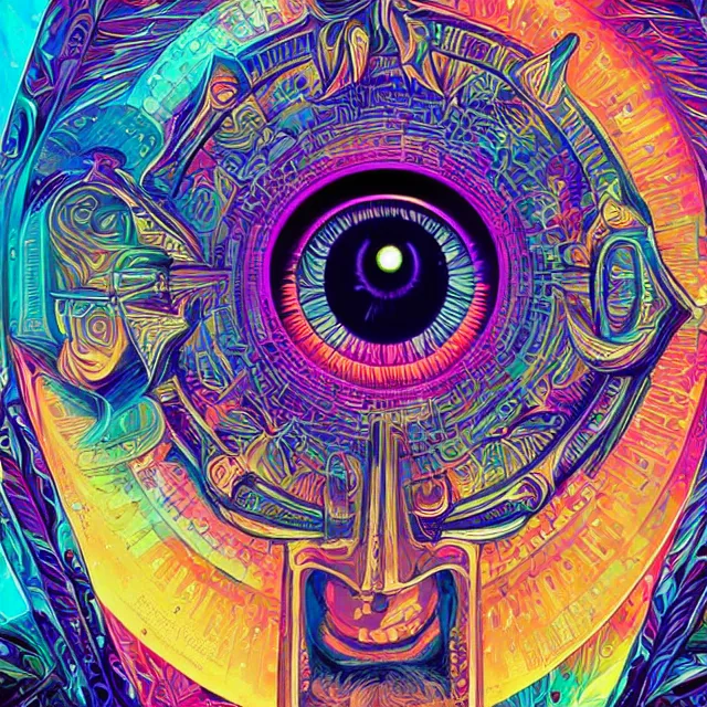 Prompt: hypnotizing and hallucinating eye, eye of horus, centered eye, symmetry, illuminati eye, colorful, sharp and focus, ultra detailed, beautifully lit, in the art style of dan mumford and marc simonetti