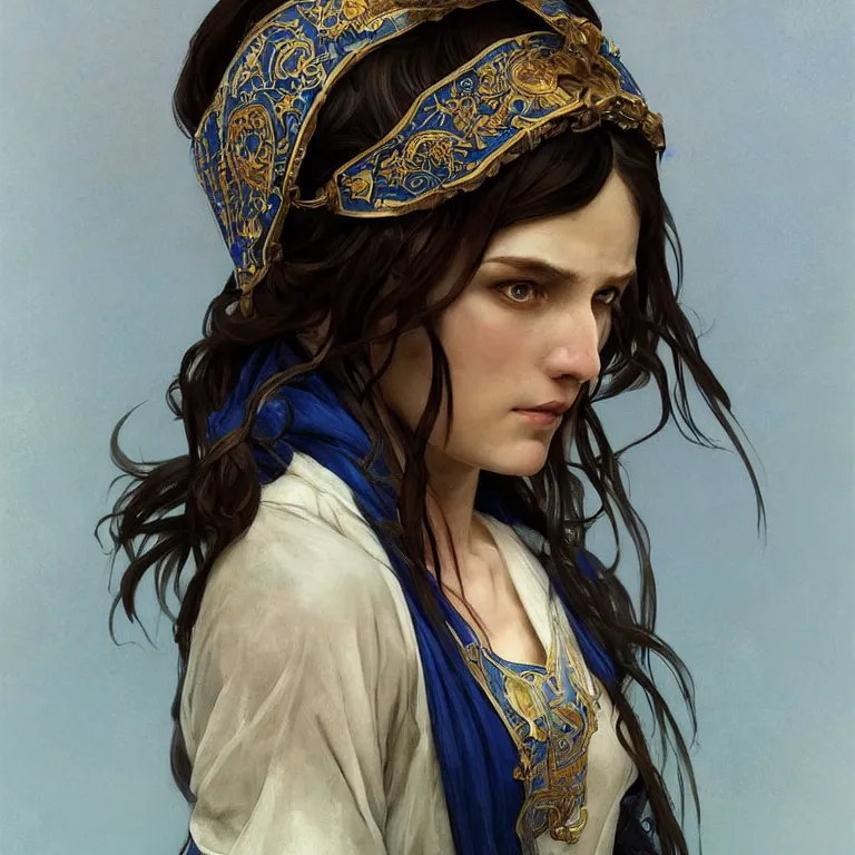 Prompt: Portrait of a Slavic female cleric with kerchief covering her ears. Blue eyes, black hair, porcelain skin, full lips, high slanted cheekbones. Fantasy art by artgerm and greg rutkowski and alphonse mucha, intricate, elegant, highly detailed, dramatic lighting, concept art, illustration, award winning on artstation, D&D, Dungeons and Dragons, Western European.